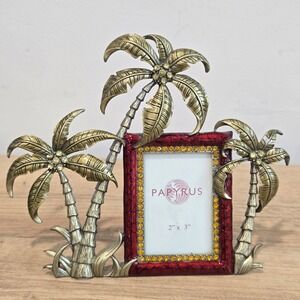 Papyrus Tropical Palm Tree Picture Frame Red Enamel Gold Metal Rhinestone 2x3